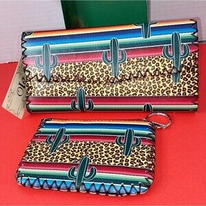 Cheetah Print Saguaro Cactus Wallet Set Cardholder ID Credit Card Coin Purse